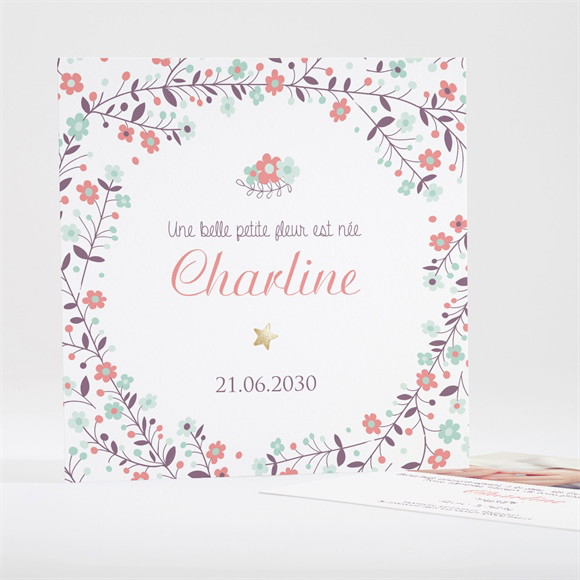 Faire-part naissance Accordéon fleurs photo dorure réf.N351330