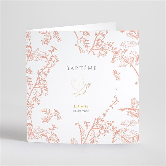Faire-part de baptême gravure rosée dorure