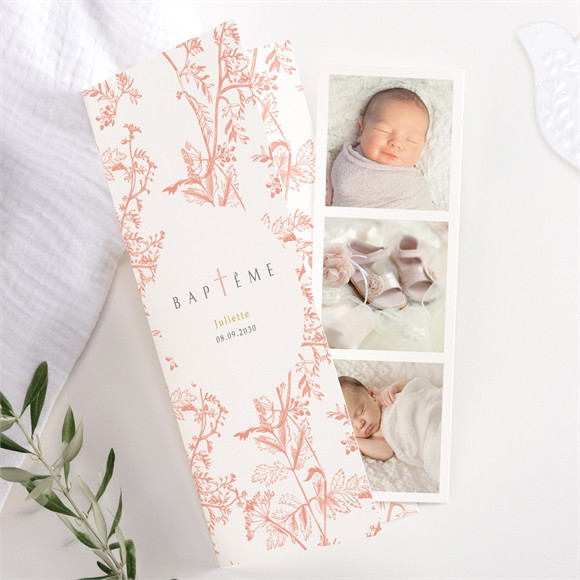 Faire-part de baptême Gravure rosée photomaton réf.N98192