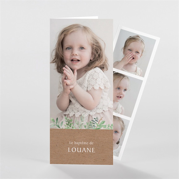 Faire-part de baptême Kraft végétal photomaton réf.N98195