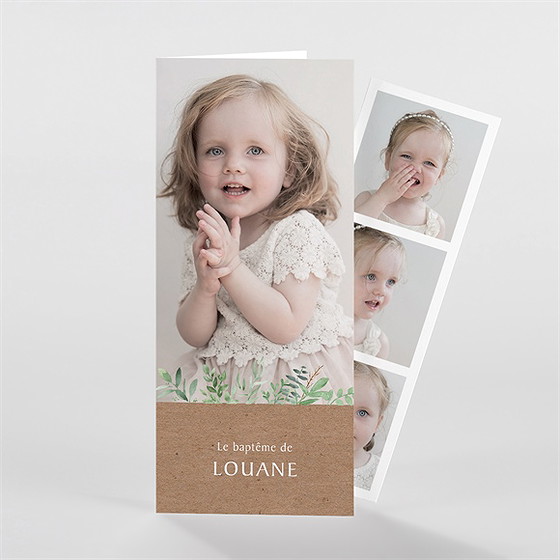 Faire-part de baptême kraft végétal photomaton