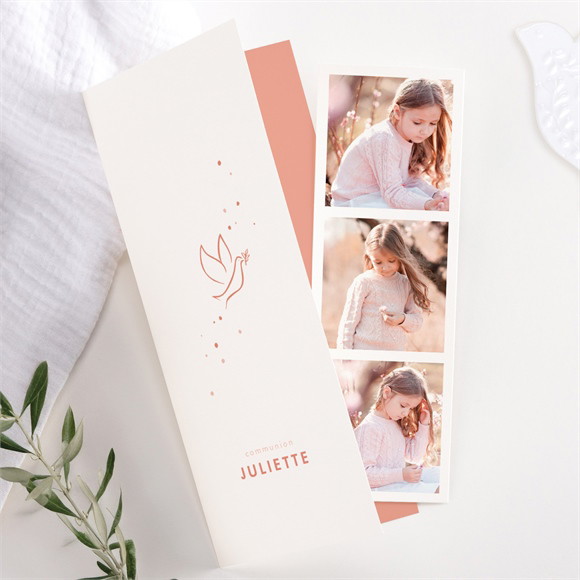 Faire-part communion Colombe dorée photomaton réf.N98197