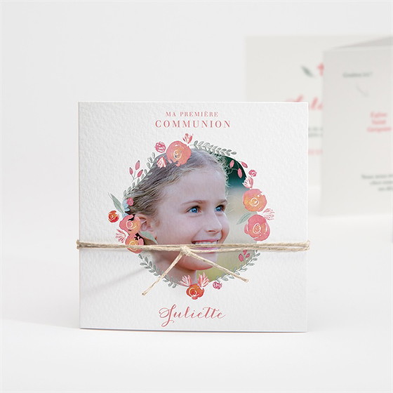 Faire-part communion couronne aquarelle accordéon