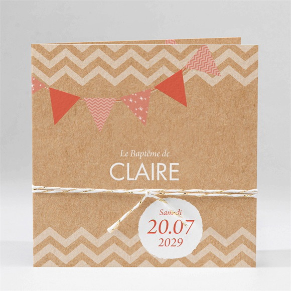 Faire-part de baptême Kraft banderole carré plié réf.N451374