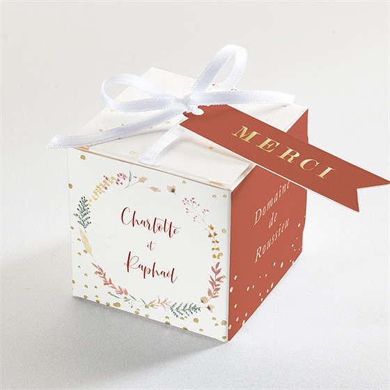 Boîte de dragées mariage terre de feu dorure