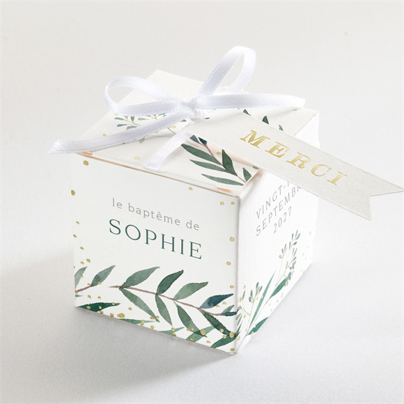 Boîte de dragées baptême Jolie annonce Champêtre Dorure réf.N340546