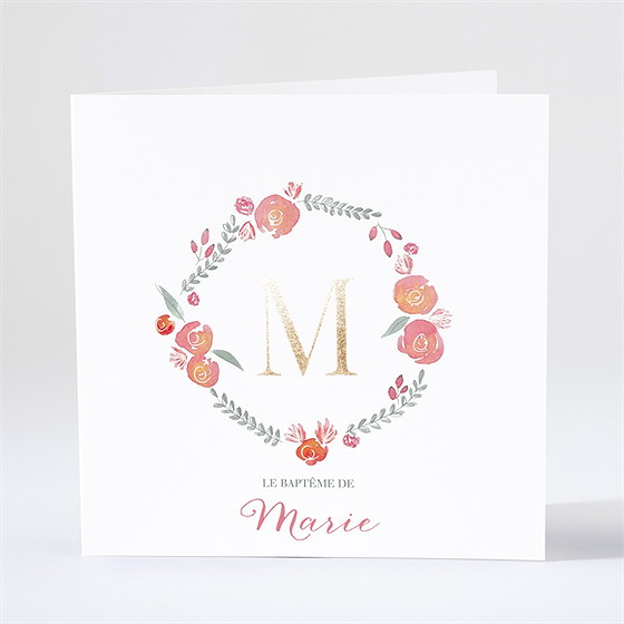 Faire-part de baptême cadre de fleurs dorure