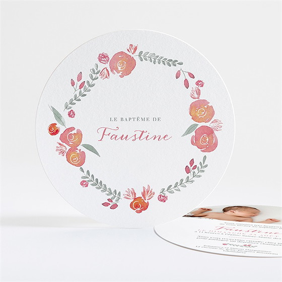 Faire-part de baptême cadre de fleurs rond