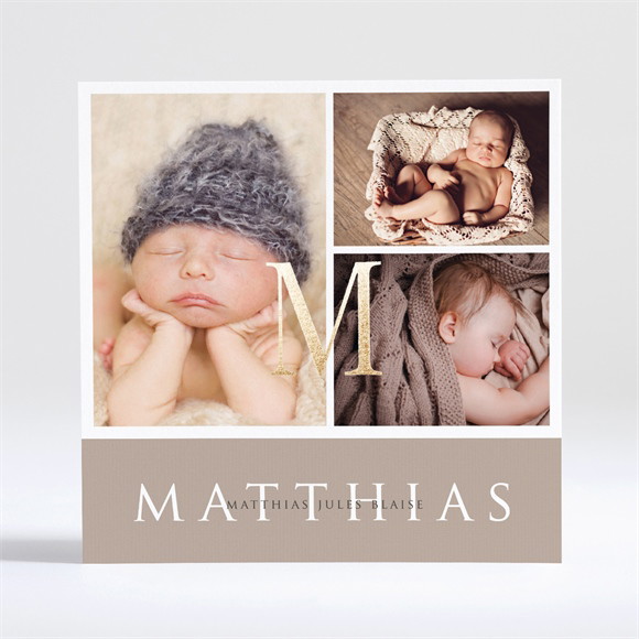 Faire-part naissance 3 délicates photos dorure réf.N351353