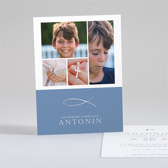 Faire-part communion bleu myosotis dorure