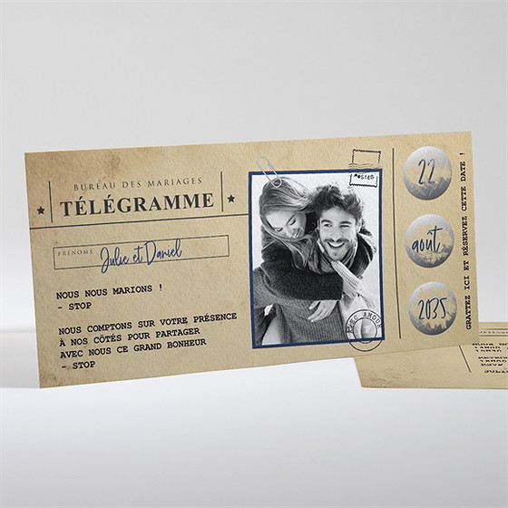 Faire-part mariage notre télégramme à gratter