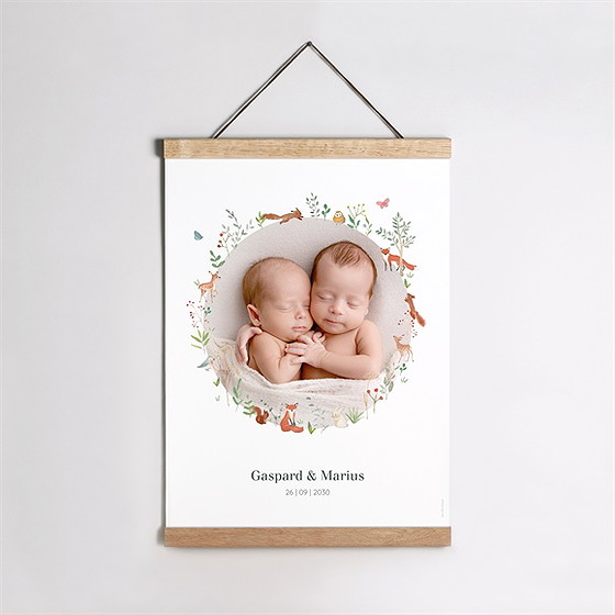 Affiche naissance jumeaux & animaux