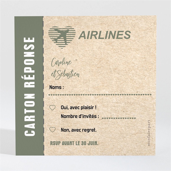 Carton réponse mariage Billet d'avion réf.N3002007
