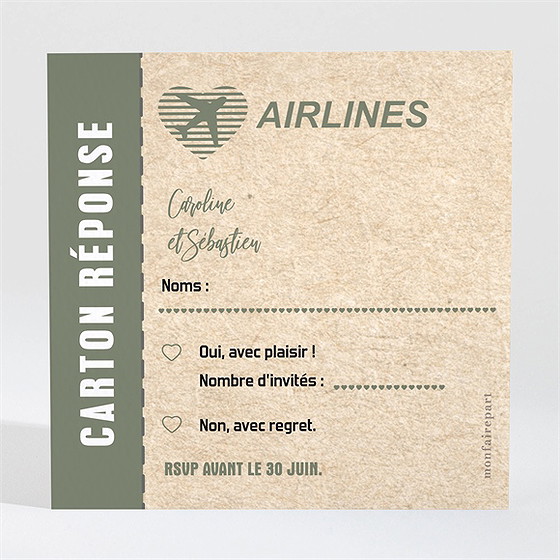 Carton réponse mariage billet d'avion