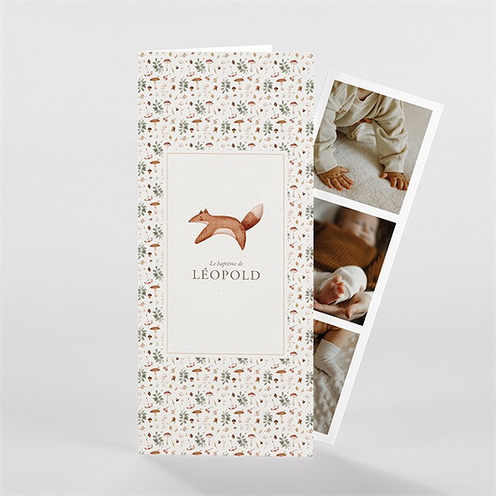 Faire-part de baptême renard en forêt