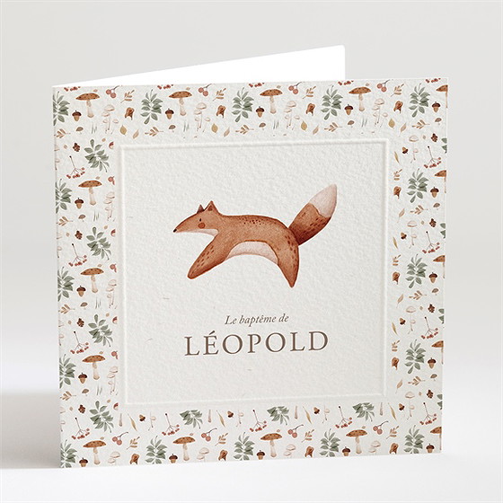 Faire-part de baptême renard en forêt gaufrage