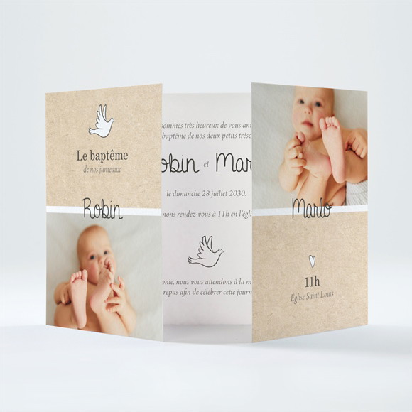 Faire-part de baptême Pictos jumeaux 2 volets réf.N701138