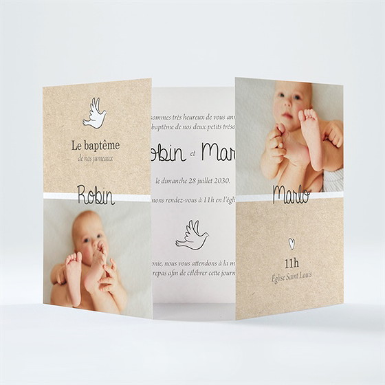 Faire-part de baptême pictos jumeaux 2 volets