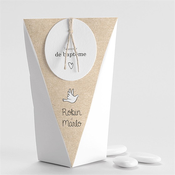 Boîte de dragées baptême pictos jumeaux étui