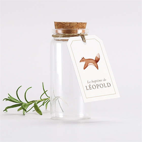 Mignonette baptême renard en forêt étiquette
