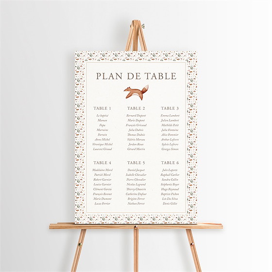 Plan de table baptême renard en forêt