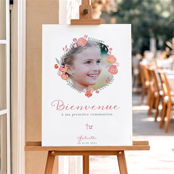 Panneau bienvenue communion couronne aquarelle
