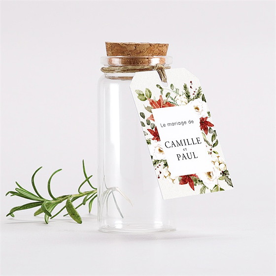 Mignonette mariage en rouge et blanc étiquette