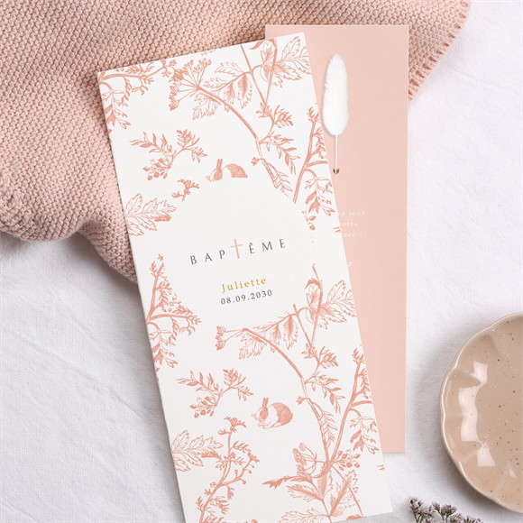 Faire-part de baptême Gravure rosée fleur séchée réf.N981324