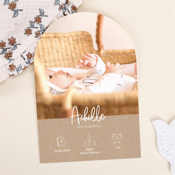Faire-part de baptême Kraft pictos arche réf.N27166