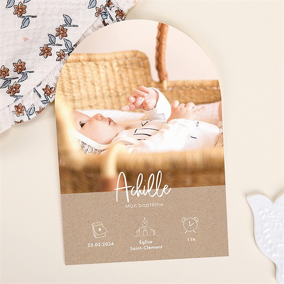 Faire-part de baptême kraft pictos arche