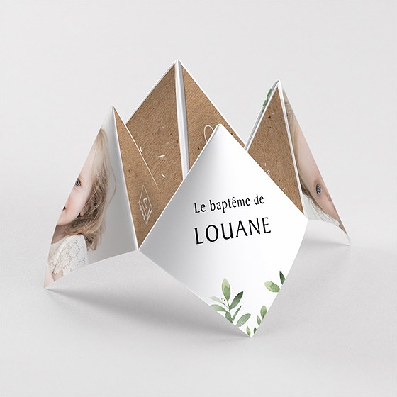 Faire-part de baptême kraft végétal origami