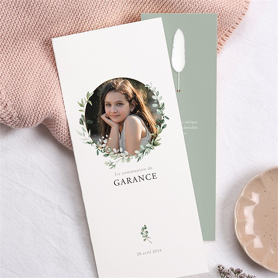 Faire-part communion gravée au coeur fleur séchée