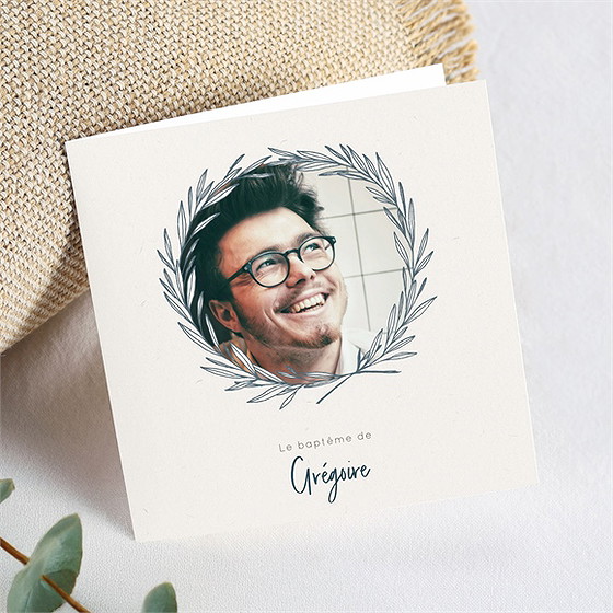 Faire-part de baptême couronne végétale adulte