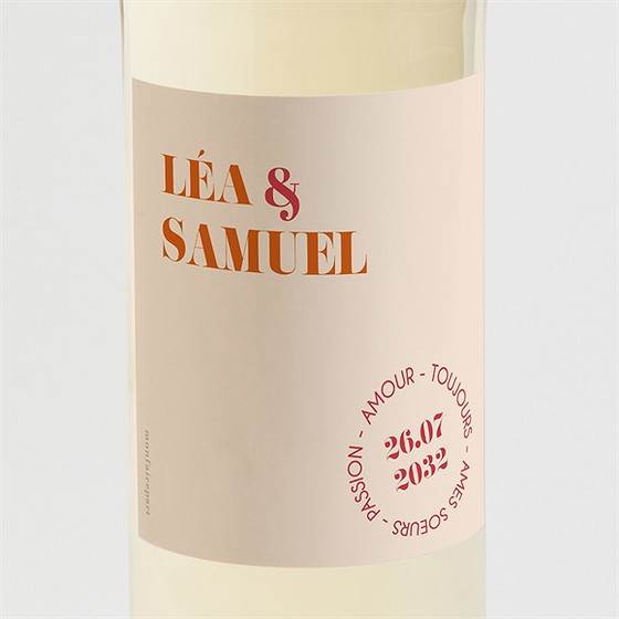 Etiquette de bouteille mariage orange et fuchsia