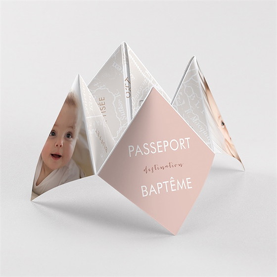 Faire-part de baptême joli passeport bapteme cocotte