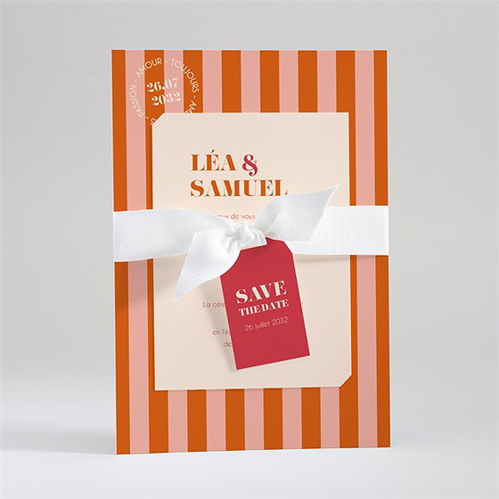 Faire-part mariage orange et fuchsia superposé