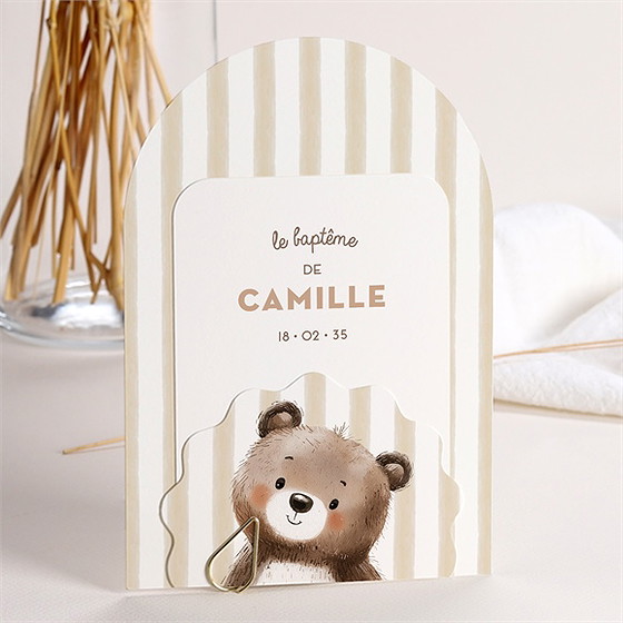 Faire-part de baptême ours en rayures