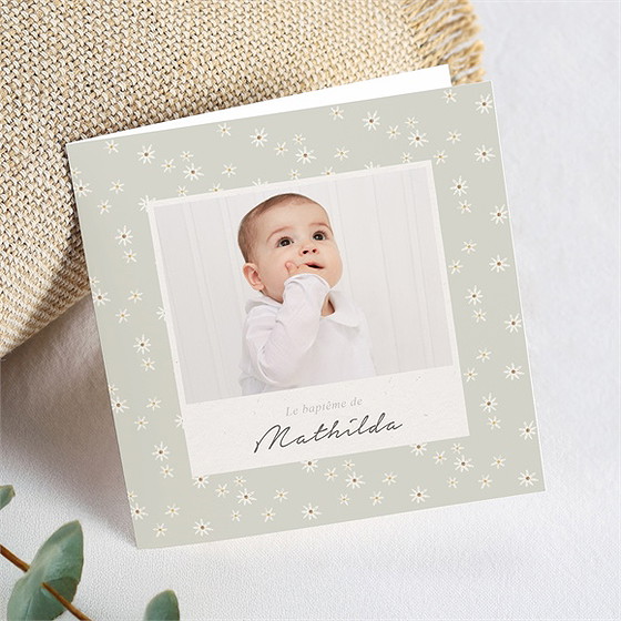 Faire-part de baptême fleuri vert d'eau