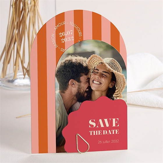 Faire-part mariage orange et fuchsia multicartes