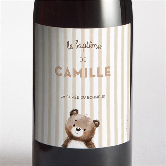 Etiquette de bouteille baptême ours en rayures