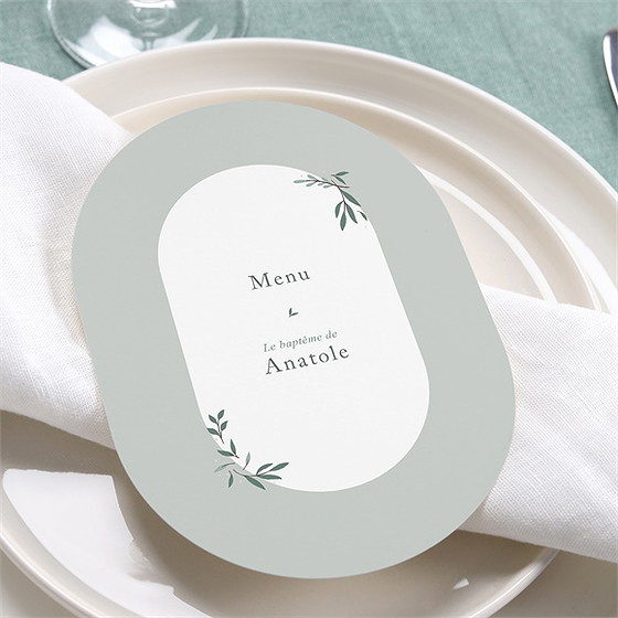 Menu baptême photo vert sauge