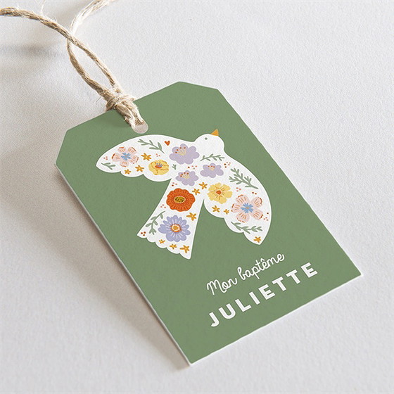 Etiquette baptême colombe fleurie