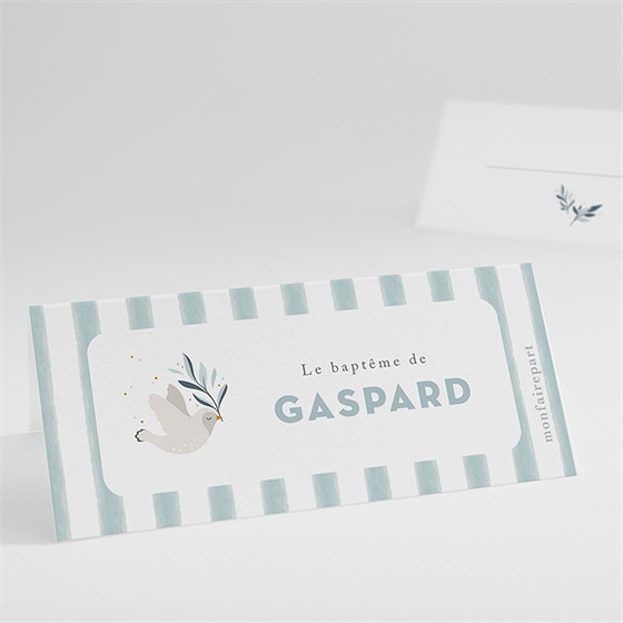 Marque-place baptême colombe et rayures