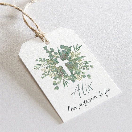 Etiquette profession de foi croix et feuillage