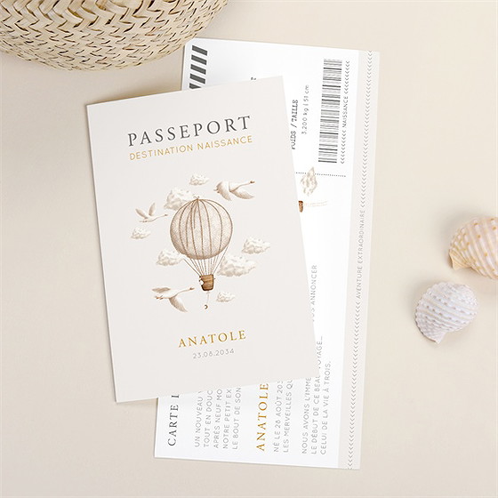 Faire-part naissance passeport montgolfière