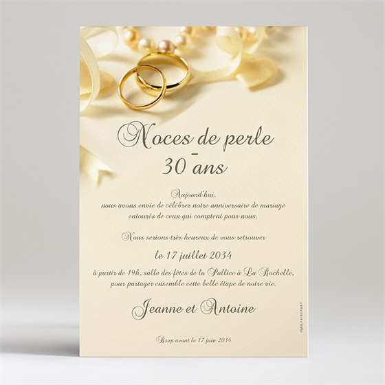 Invitation anniversaire de mariage noces de perle 30 ans